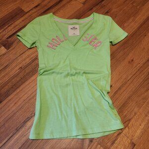 Hollister XS Green V-Neck Babydoll Tee With Pink Raised Letters